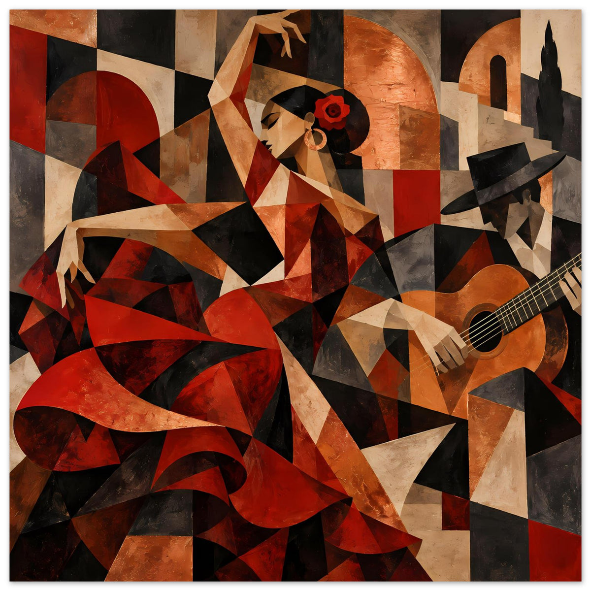 Kunstposter mit abstrakter Flamenco-Tänzerin, reiche Rot- und Erdtöne, Gitarre und Hände sichtbar