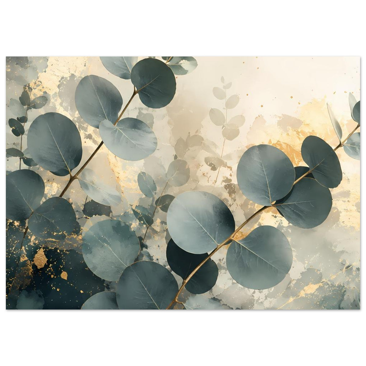 Elegantes Eukalyptus-Poster mit Goldakzenten, querformatig: große Eukalyptusblätter, Goldsprenkel