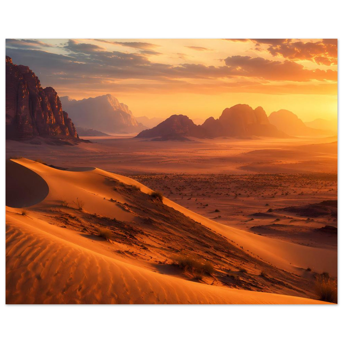 Querformat-Poster mit Sonnenuntergang über der Wüste, Dünen und dunkle Felskuppen