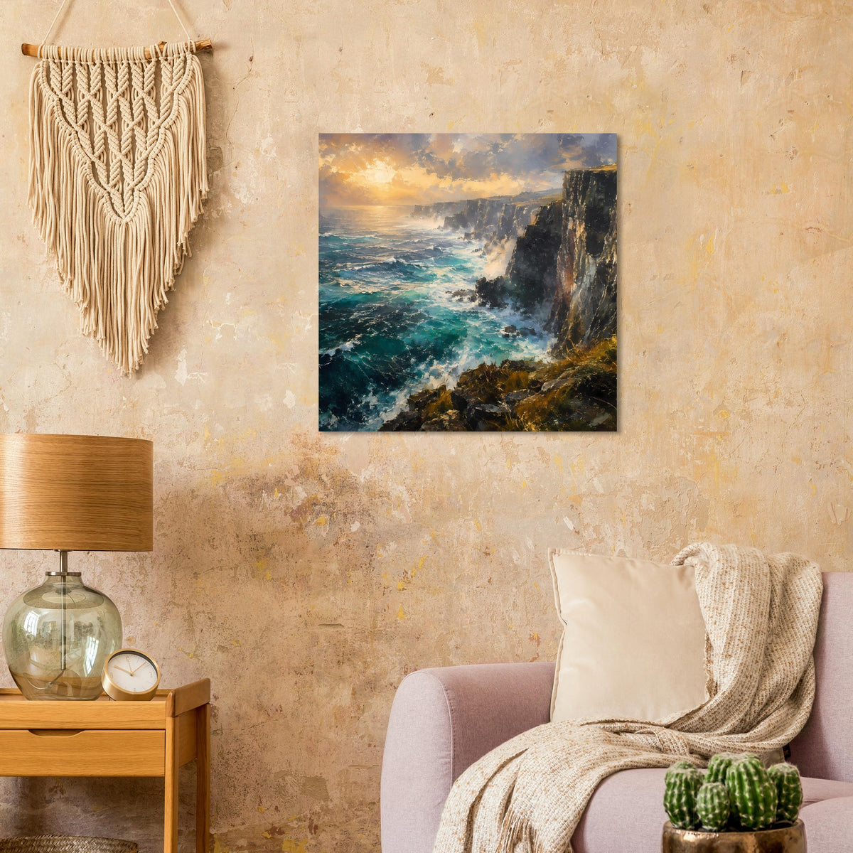 Poster mit Klippenmeer: türkisfarbene Brandung und Sonnenuntergang über dem Ozean