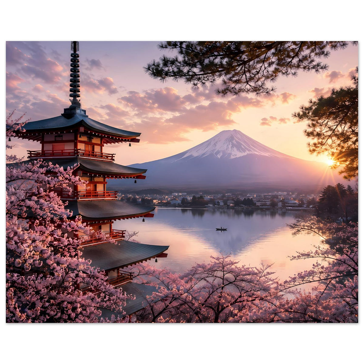 Wandposter mit Pagode links, Berg Fuji im Dämmerlicht, See und Kirschblüten