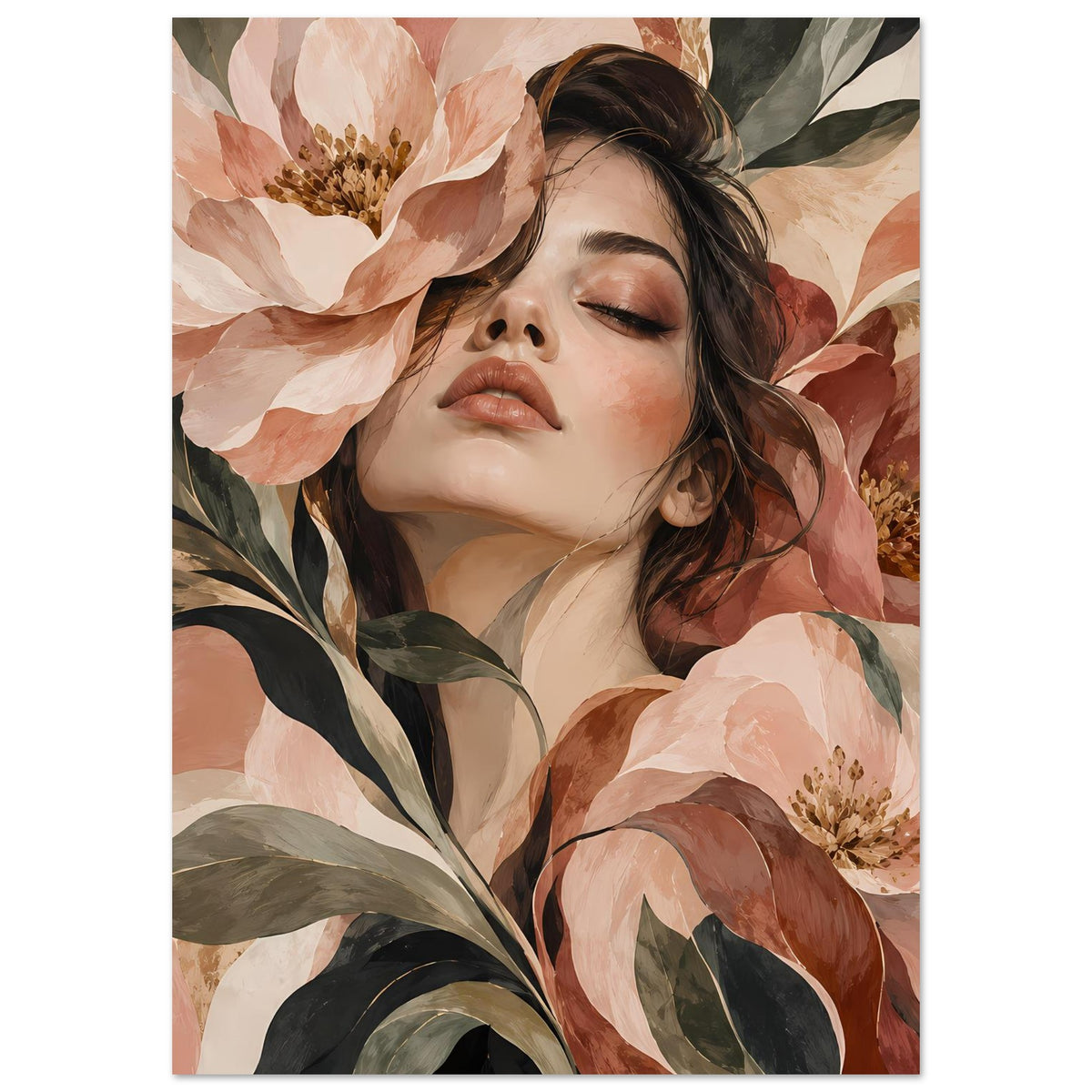 Blumenposter im Hochformat: Frauenporträt zwischen rosafarbenen Blüten, warme Farben