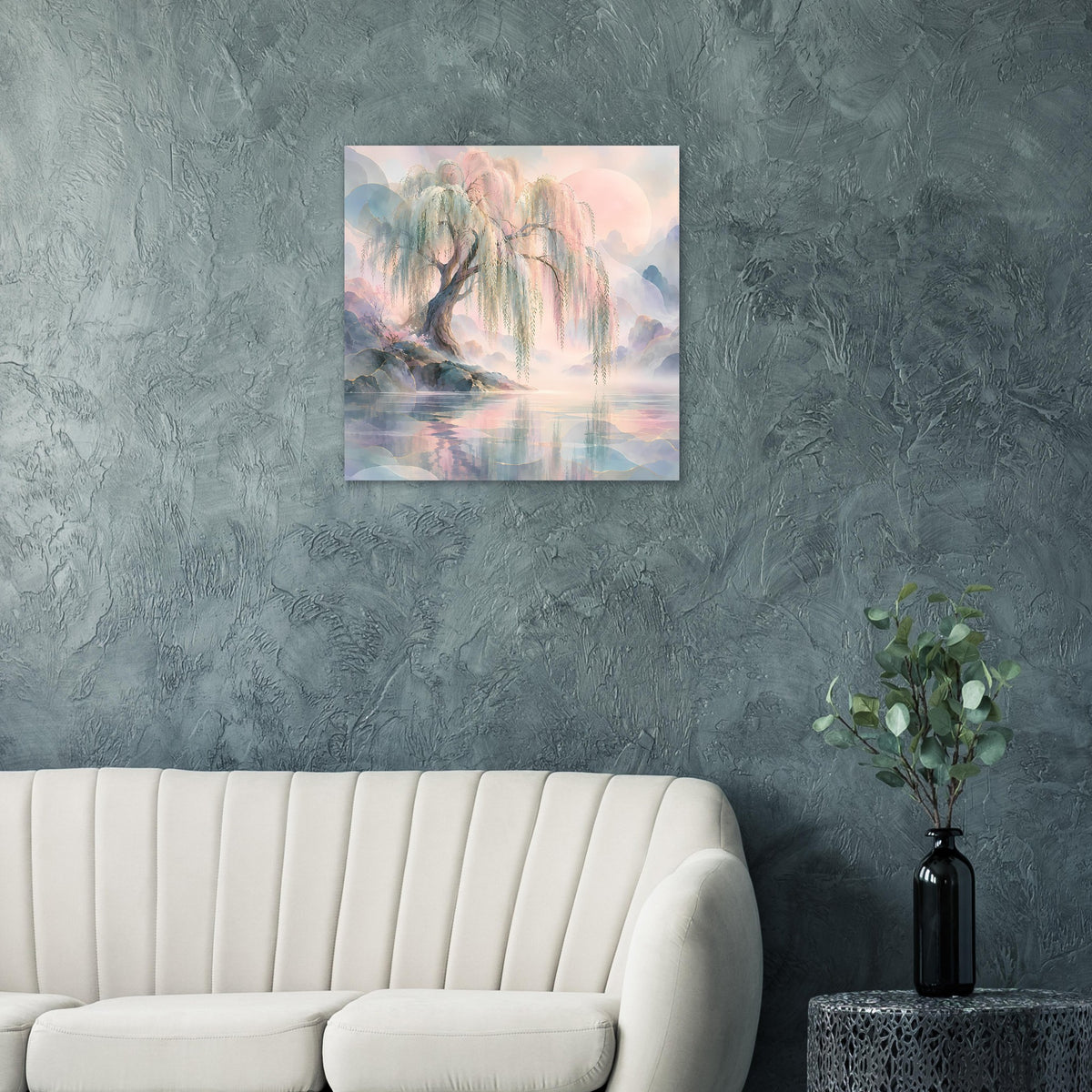 Naturposter mit Trauerweide in Pastelltönen, Wasserfläche mit Spiegelung