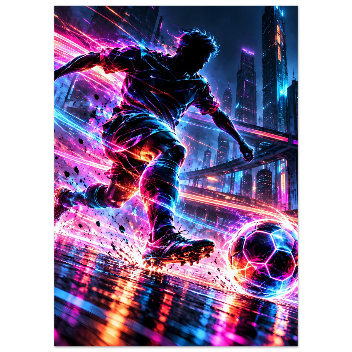 Neon-Fußball-Actionposter mit springendem Spieler, Energie-Linien und Ball im Vordergrund