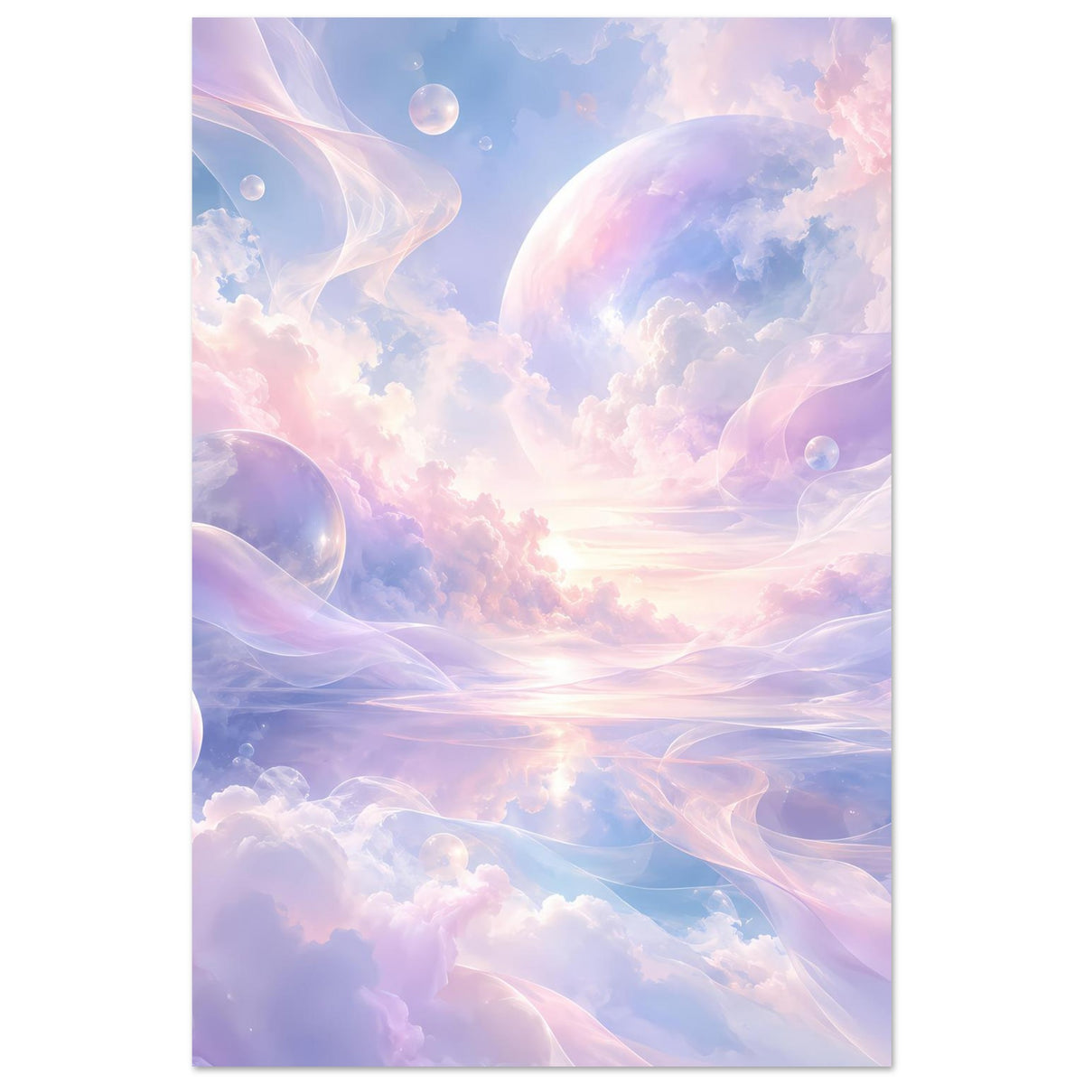Vertikales Poster mit pastellfarbenen Wolken, großen Planeten und Lichtschein in der Bildmitte