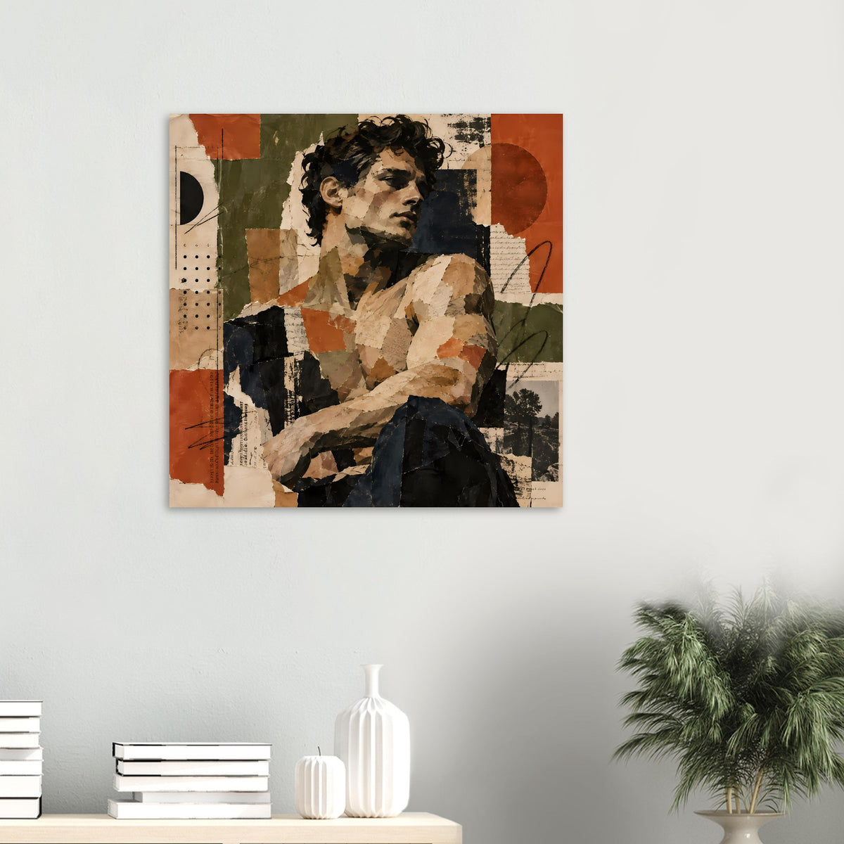 Kleines Kunstposter mit Vintage-Collage-Porträt in warmen Erdtönen, von oben betrachtet.
