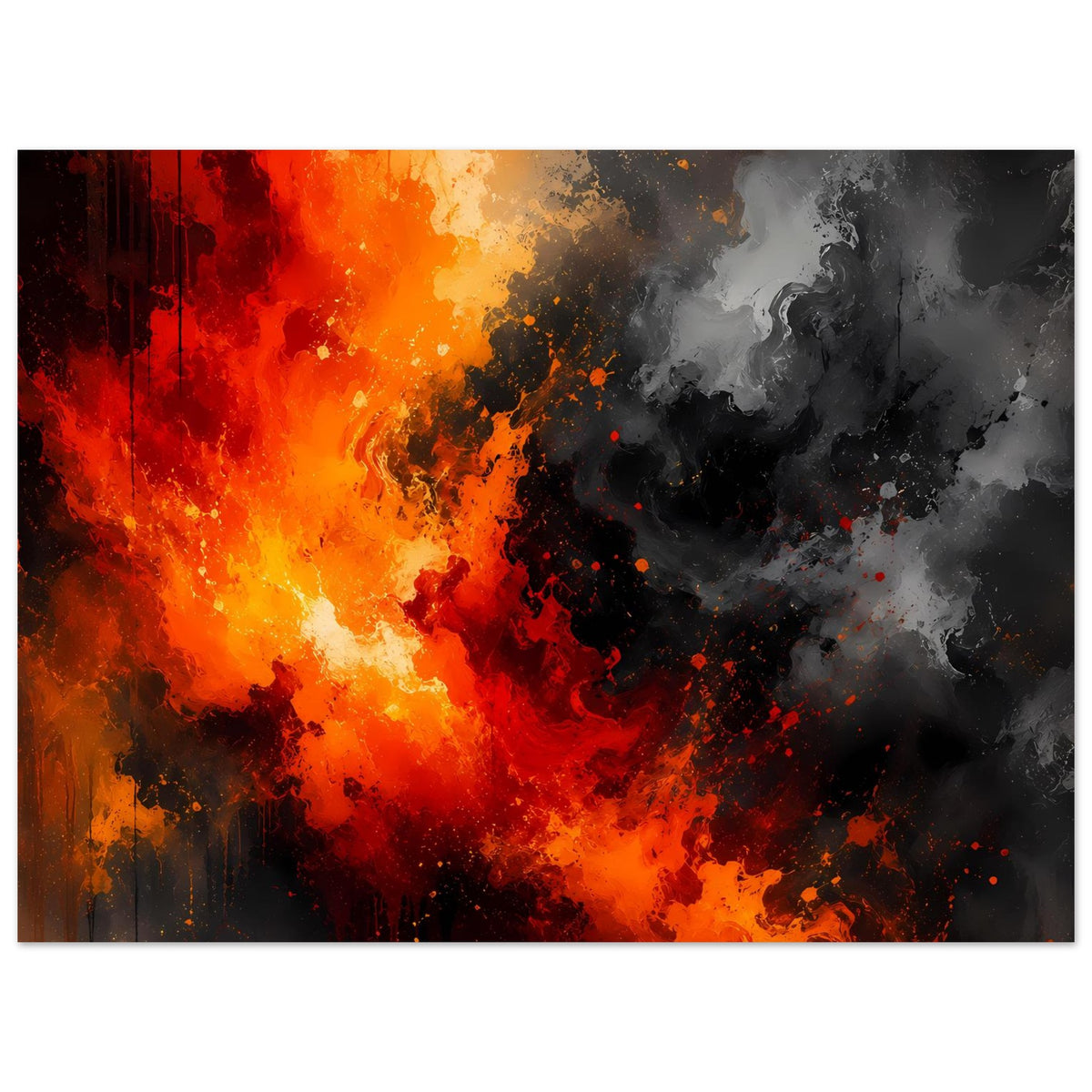 Abstraktes Feuer-und-Rauch-Poster: orange Flammen links, grauer Rauch rechts