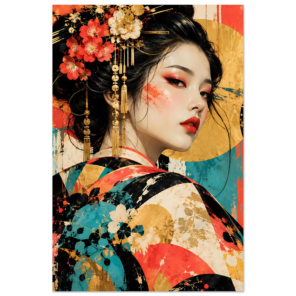 Kunstdruck Geisha-Porträt mit Blumen im Haar und gemustertem Regenschirm in kräftigen Farben