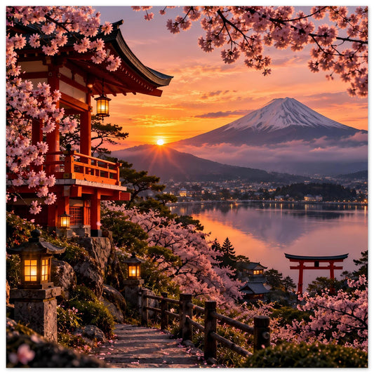 Quadratisches Poster mit Kirschblüten, Tempelvorbau, Torii und Berg im Sonnenuntergang