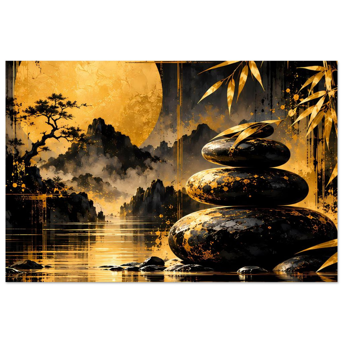 Kunstposter im Zen-Stil mit goldener Sonne, schwarzen Steinen und Landschaft im Nebel