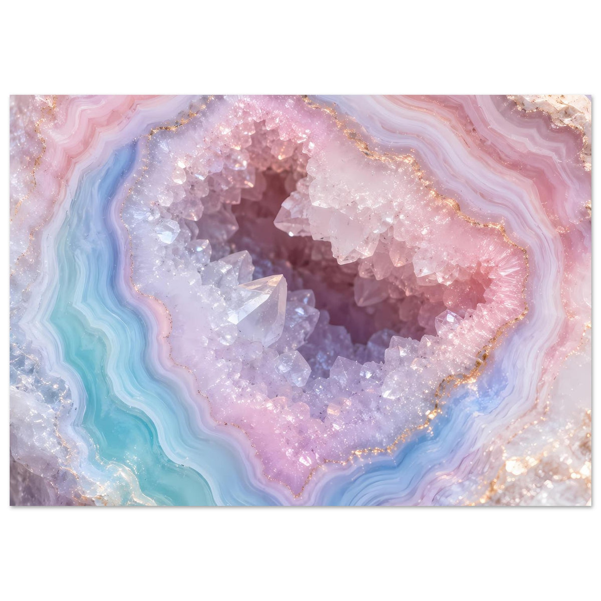 Poster mit Achat-Geode in Rosa und Blau, violette Farbstreifen mit Glitzertextur