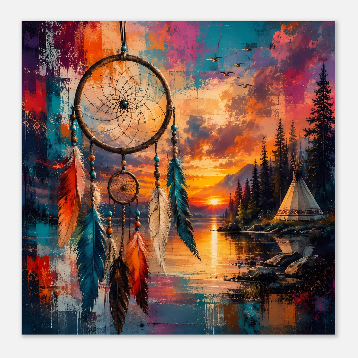 Boho-Poster mit Traumfänger und See: runder Netzring, lange Federn, Zelt im warmen Licht