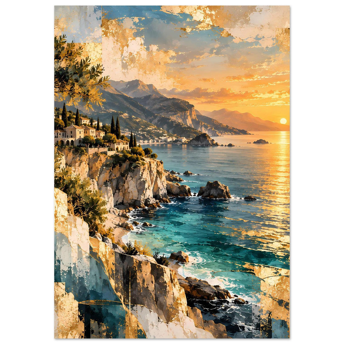 Vertikales Poster: Sonnenuntergang am Meer, Felsenküste mit Pflanzen und Wasser
