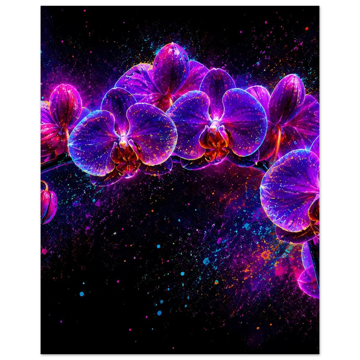 Neon-Orchideen-Poster mit leuchtenden Blütenköpfen in Pink/Violett und dunklem Sprenkel-Look