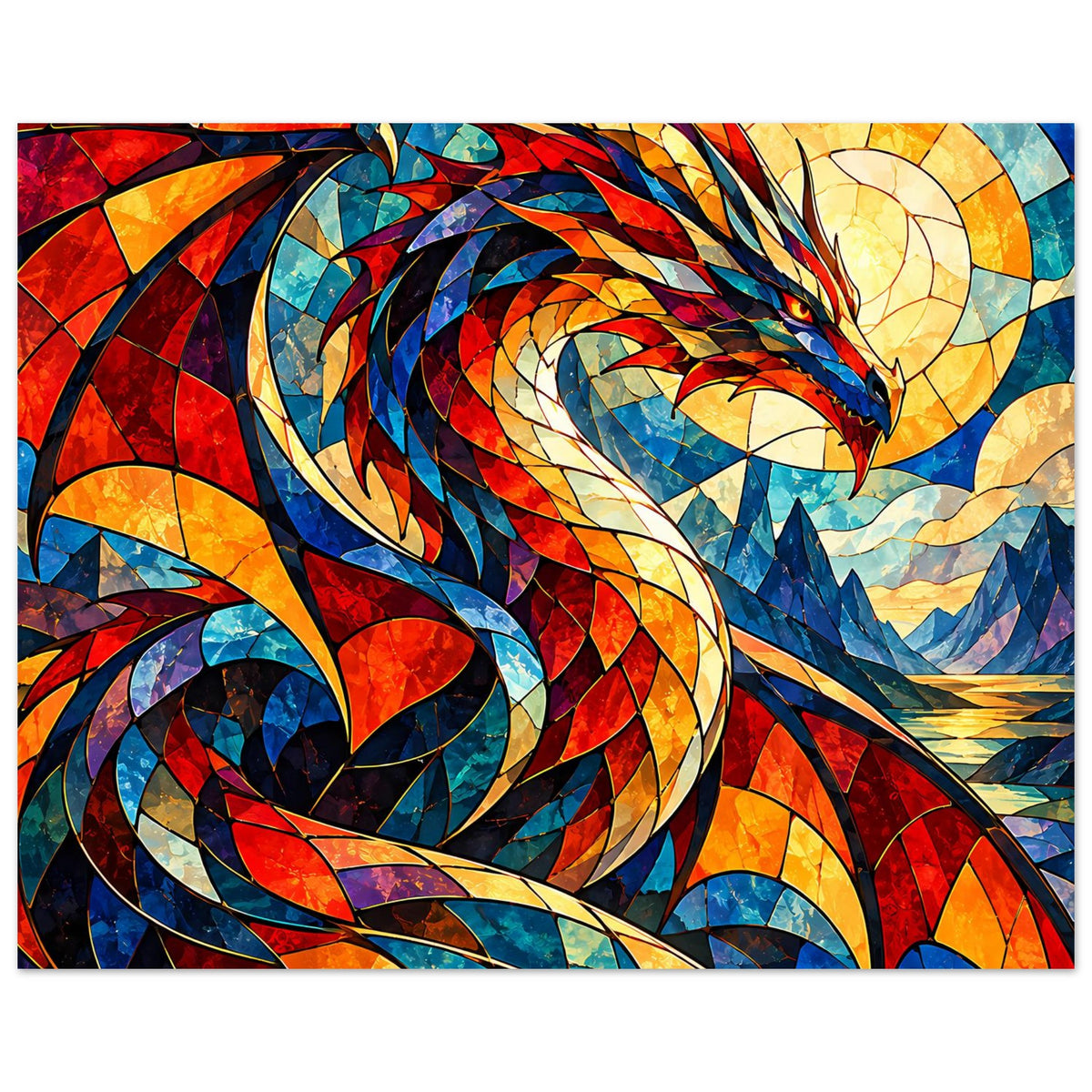 Drachen-Glasmalerei Poster im Querformat: farbiger Drache mit Flügeln und Lichtscharen