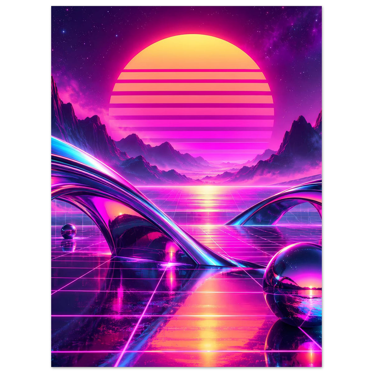 Retro-Science-Fiction-Poster: große Sonne, neonfarbene Berge, Gitternetzstraße und Lichtkurven
