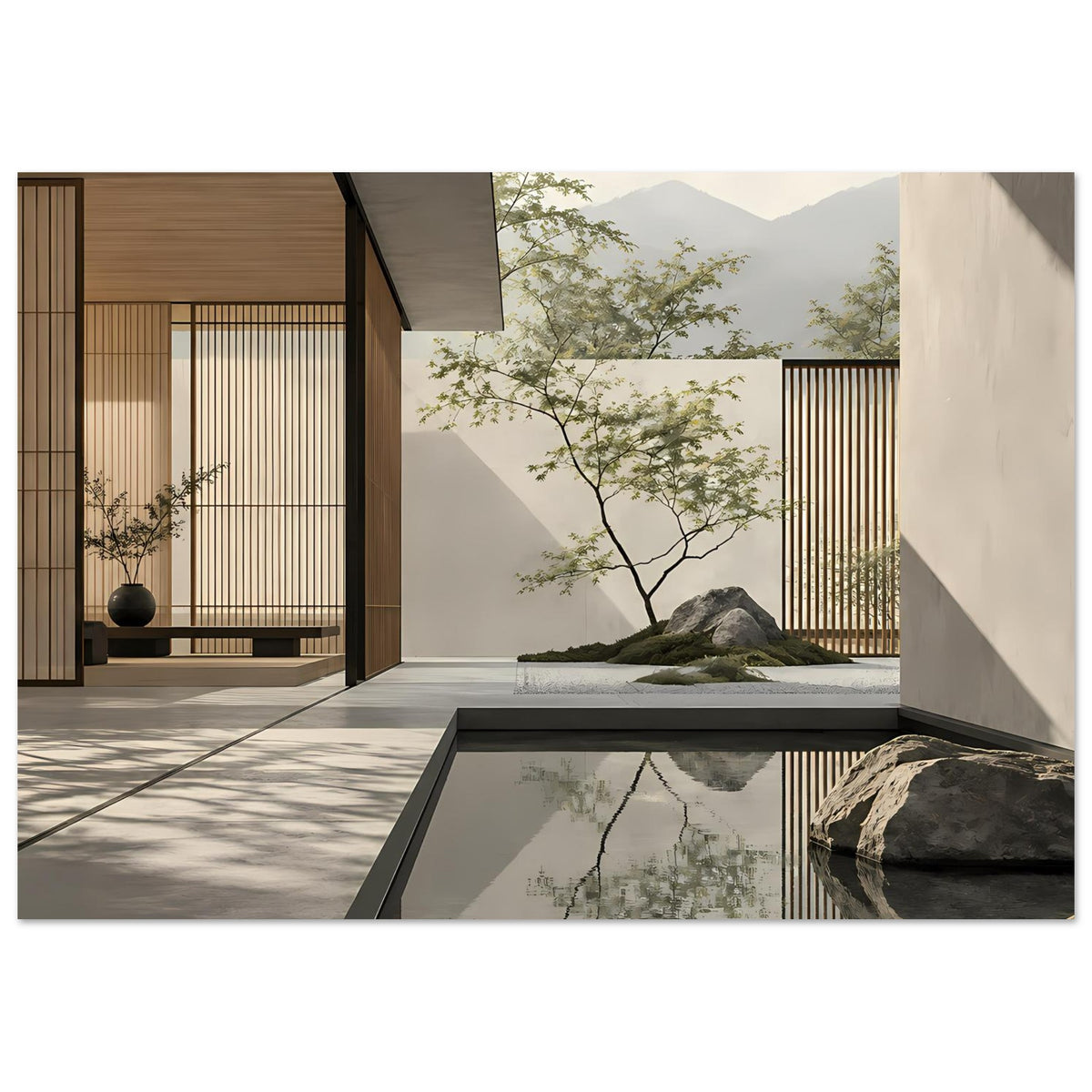 Minimalistische Zen-Wandkunst mit natürlichen und architektonischen Formen