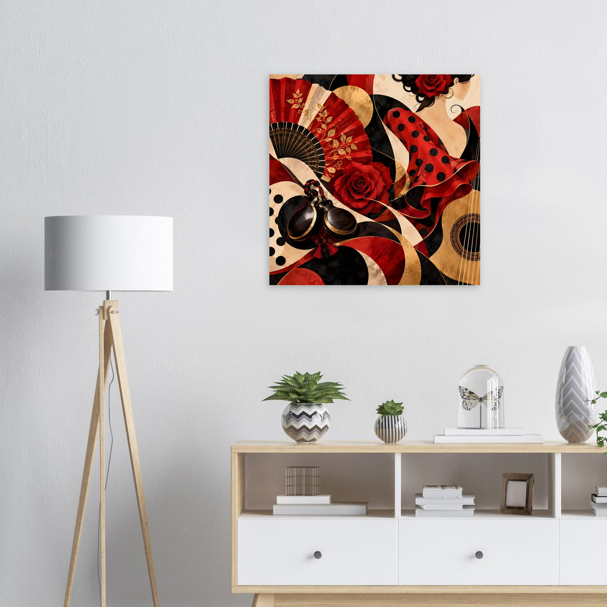 Quadratisches Poster mit rotem Flamenco-Motiv: Rosen, Fächer und Tupfen.