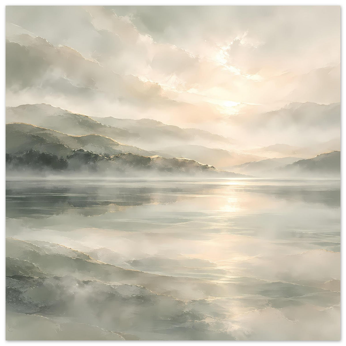 Wandposter mit Seelandschaft: Blick über den See mit Lichtreflexen, Nebel und Berge, hellgrauer Rand
