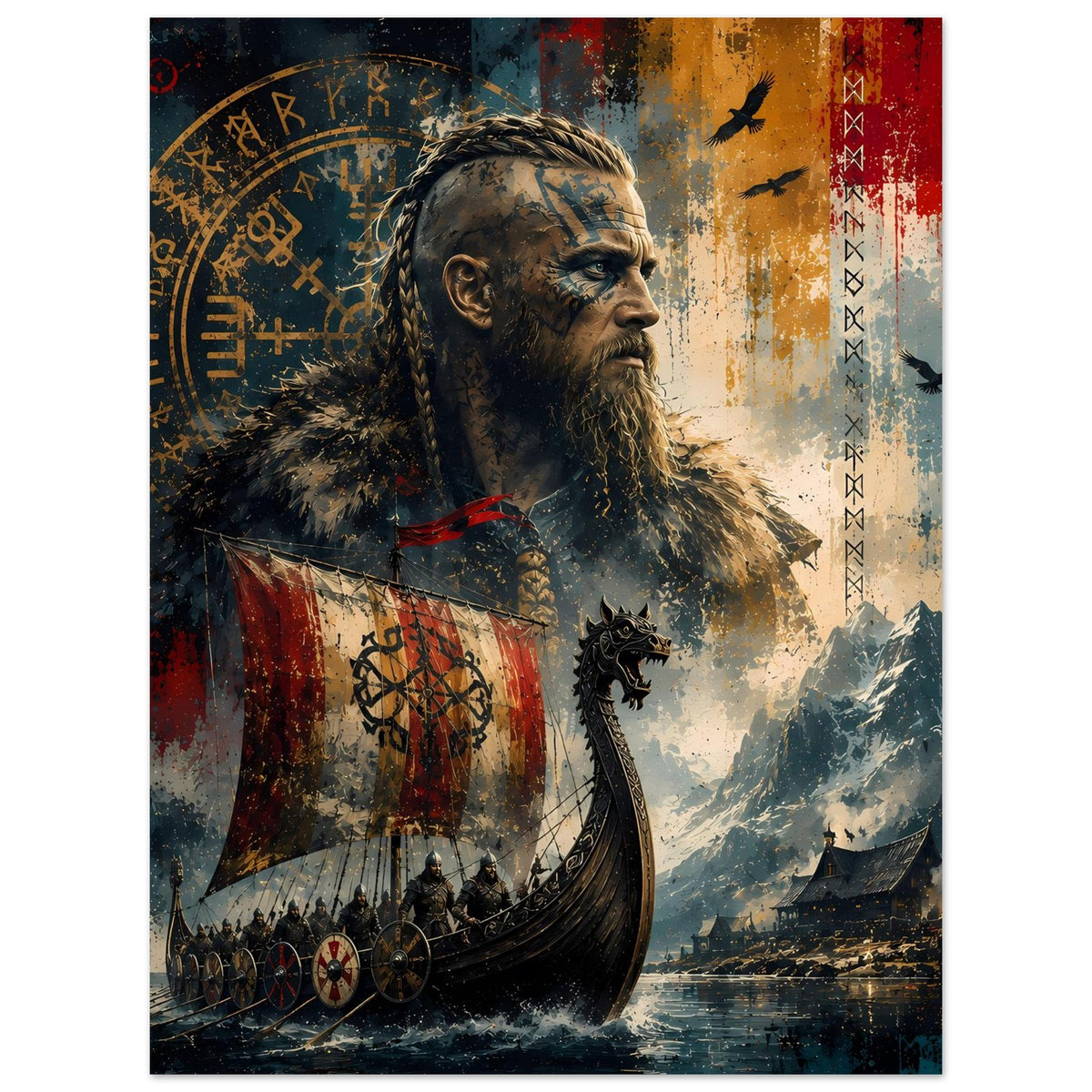 Nordisches Wikinger-Poster mit Bartkrieger, Flaggenbooten, Runenzeichen und Farbspritzern