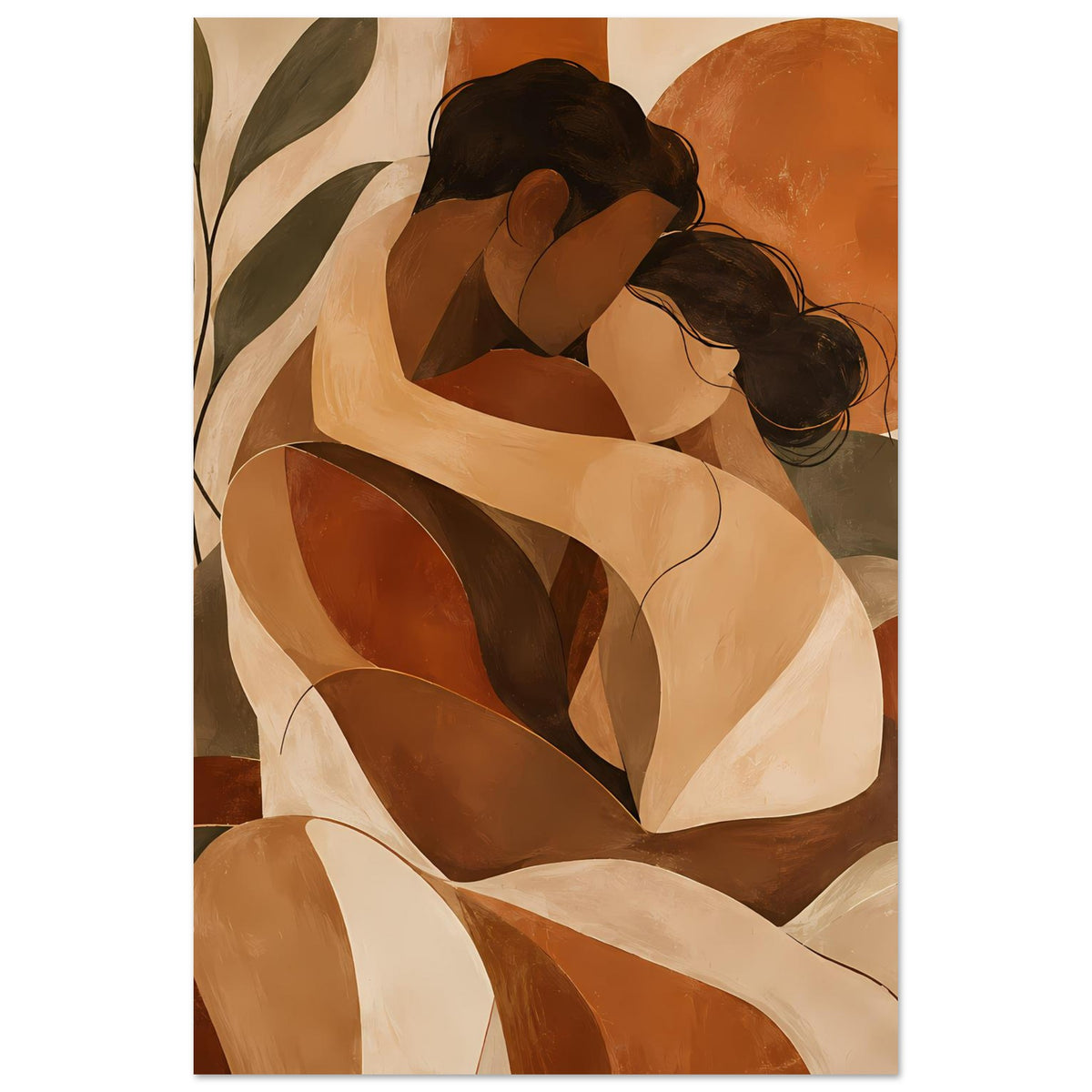 Poster mit abstrakter Umarmung: Figuren in Terrakotta, Beige und Olivgrün.