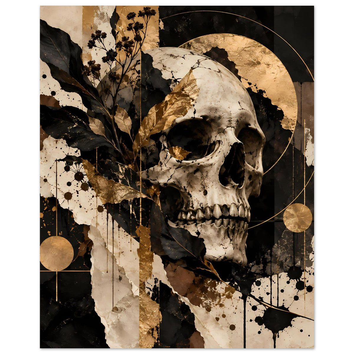 Kunstposter Totenschädel Schwarz-Gold, goldene Kreise und Kugeln, Spritz- und Linienmuster