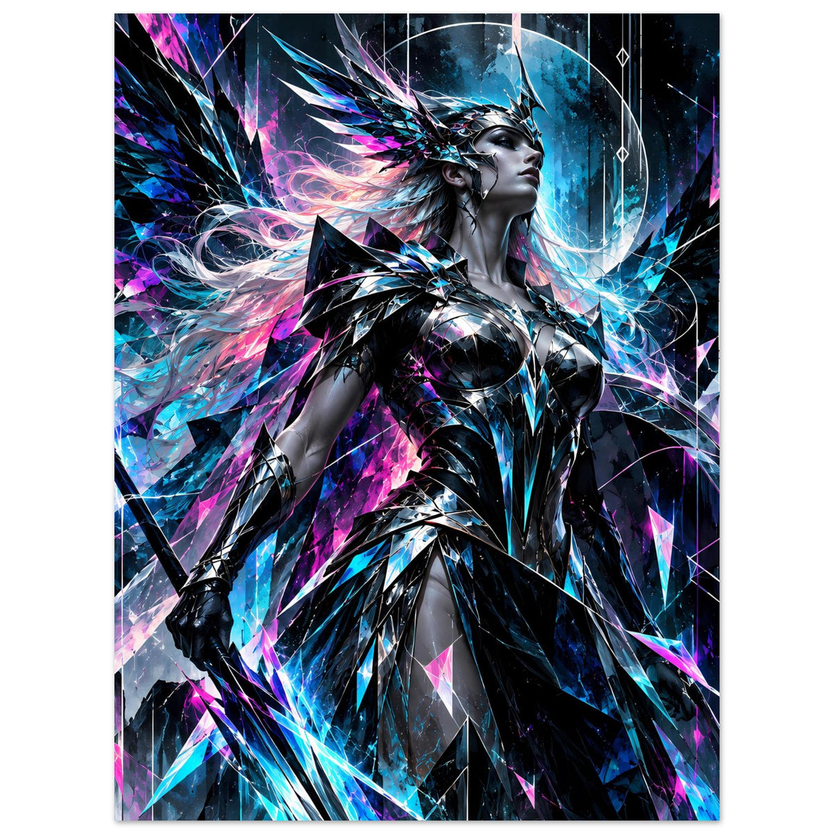 Neon-Valkyrie-Poster im Hochformat, detaillierte silberne Rüstung mit leuchtenden Farben