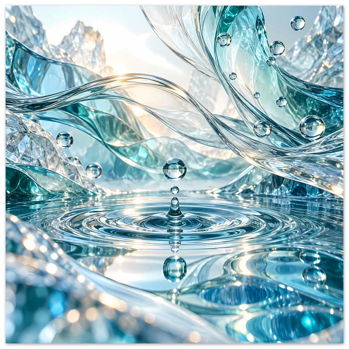 Glasartiges Wasserwelt-Poster mit türkisblauem Wasserwirbel und glasklaren Tropfen, horizontal