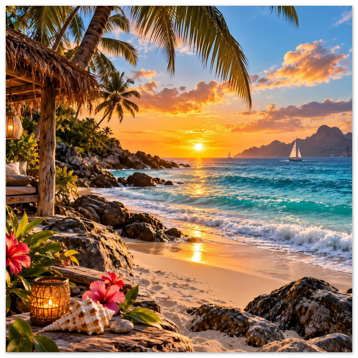 Tropisches Strand-Sonnenuntergangs-Poster mit Palmen, Blumen und laternenartigem Licht