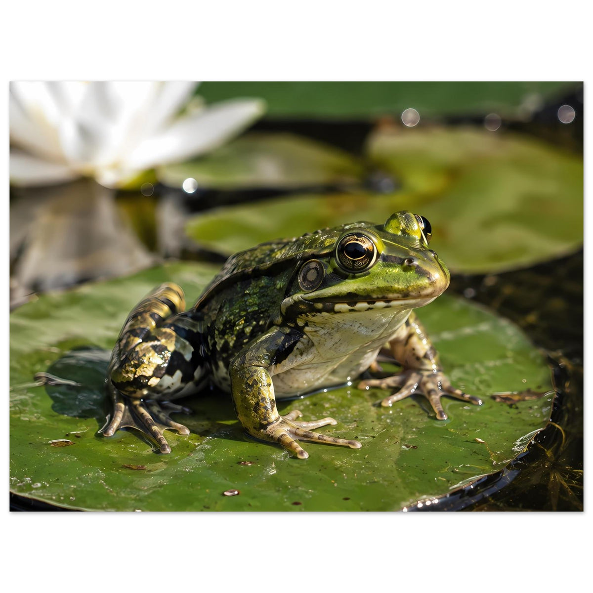 Poster mit grünem Frosch auf Seerosenblatt, große Darstellung des Tiers