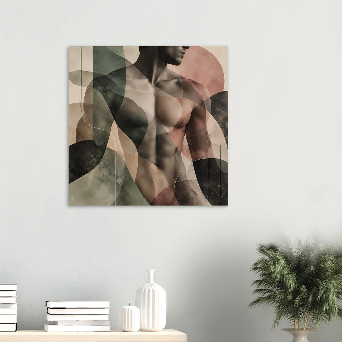 Gerahmter Kunstdruck mit abstraktem männlichem Akt, sanfte Erdtöne, Ausschnitt im Querformat