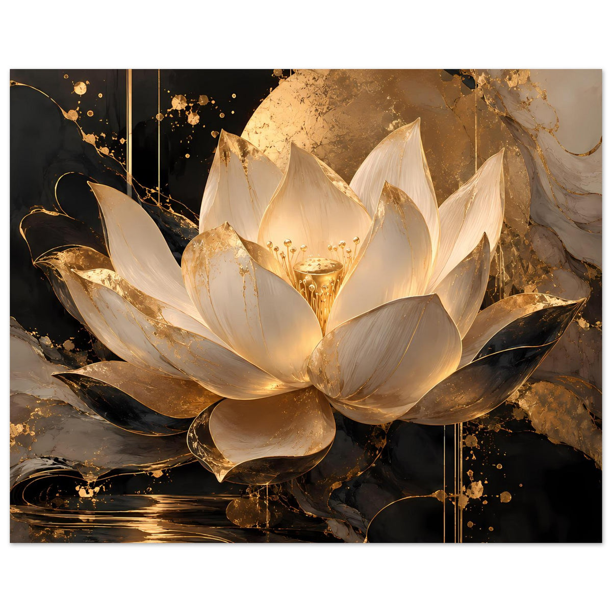 Lotusblumenposter mit goldschimmernder Lotusblüte und elfenbeinfarbenen Blütenblättern