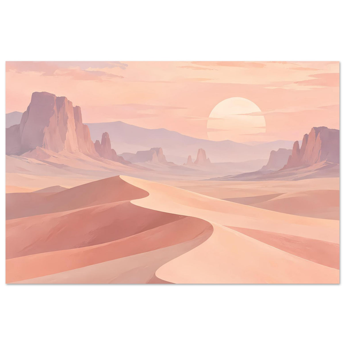 Horizontales Poster mit rosafarbenen Dünen, Bergketten im Hintergrund und Halbsonne