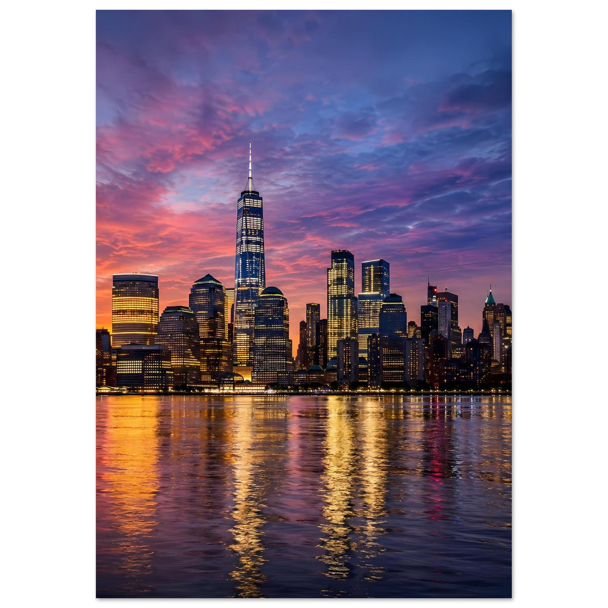 Poster mit New York-Skyline bei Dämmerung im Hochformat, farbiger Himmel und Reflexionen im Wasser.