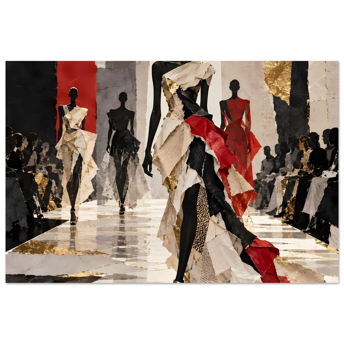 Modeposter mit Laufsteg und mehreren Silhouetten, Schwarz, Rot und Goldakzenten