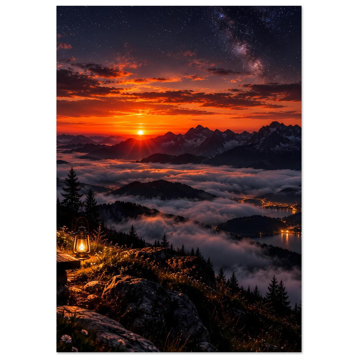 Landschaftsposter vertikal mit glühender Sonne über Bergkette, Nebelmeer und See