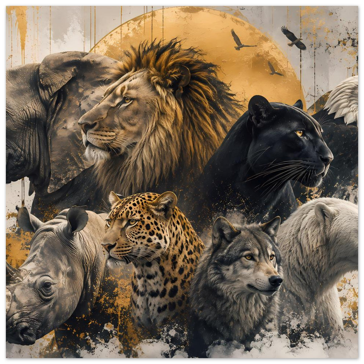 Wildtier-Poster: majestätischer Löwe, schwarzer Panther und Leopard neben Wolf, Gold-Schwarz
