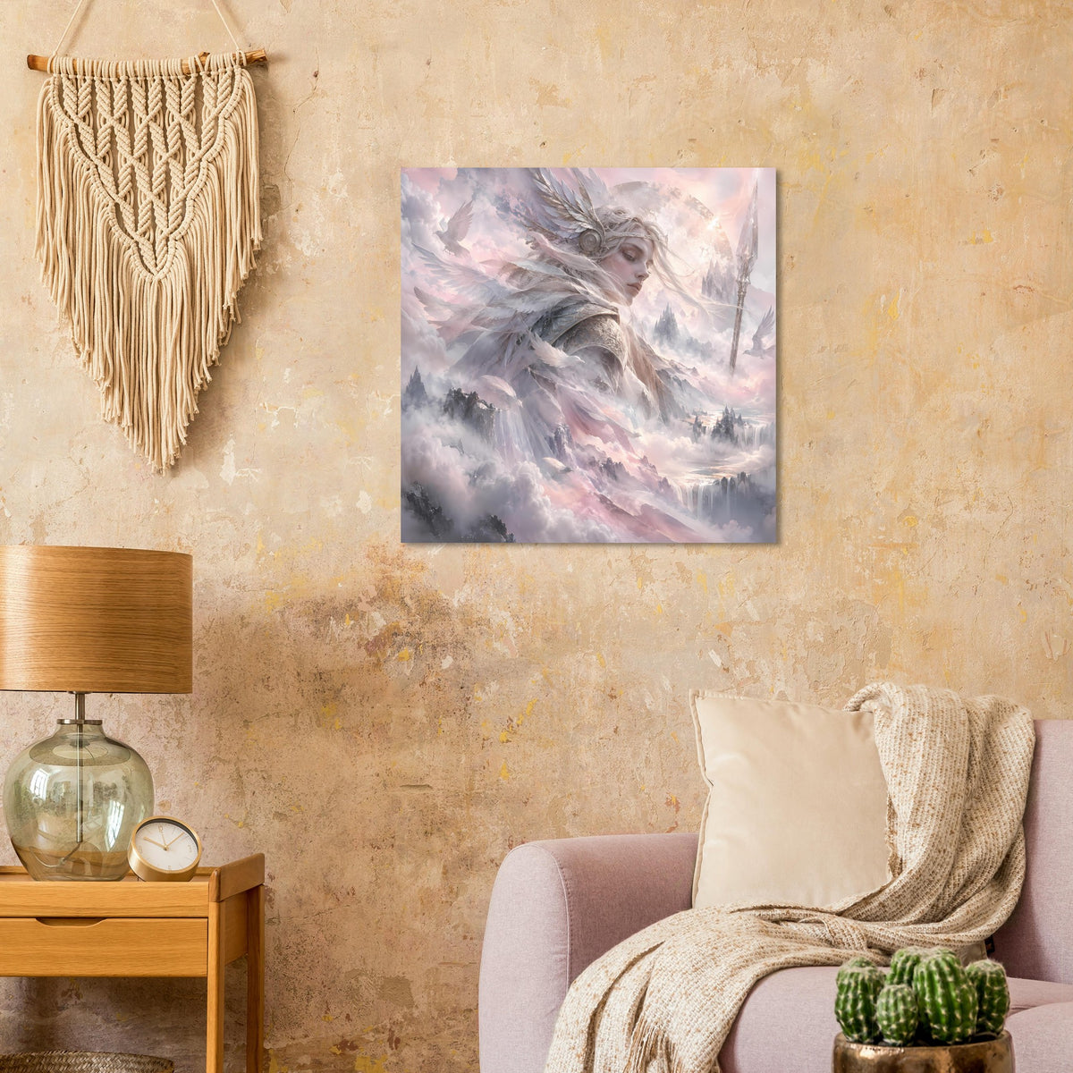 Nordisches Fantasy-Poster mit Walküre und Flügeln, sanfte Pastellwolken und Nebel