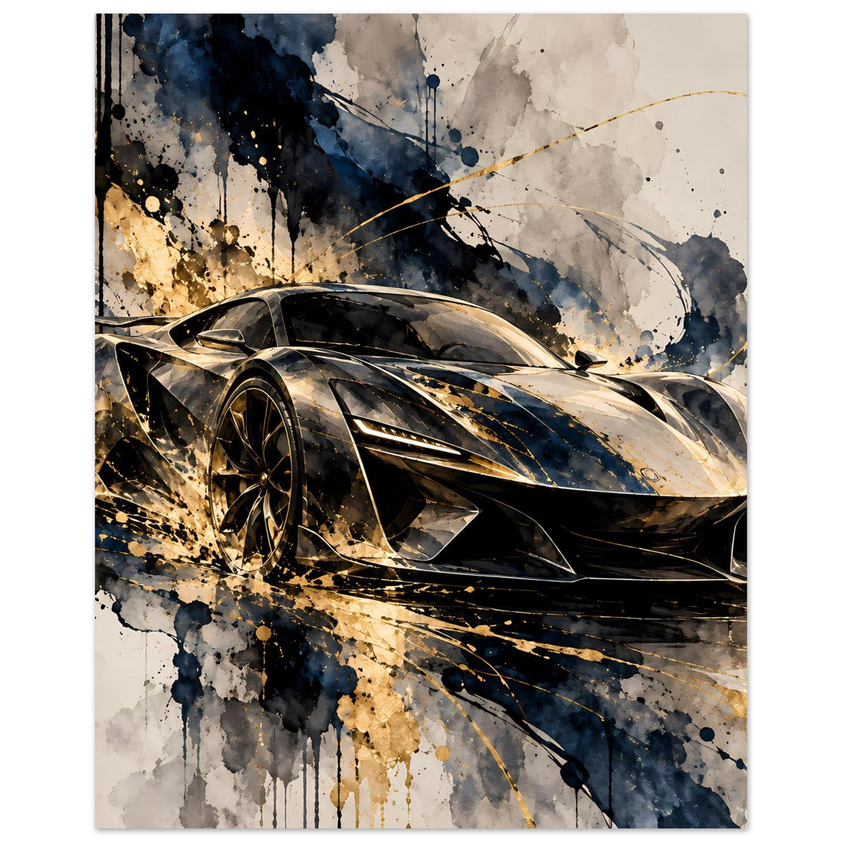 Poster: schwarzer Supersportwagen mit Goldakzenten, Spritzgrafik – Hochformat