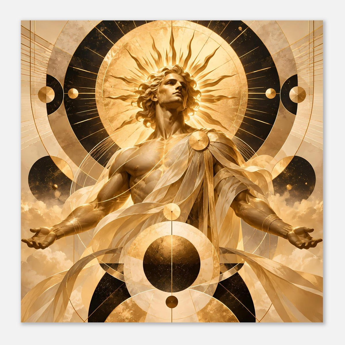 Horizontales Poster mit goldener Engel-Figur, gefächertem Sonnenkranz und abstrakten Kreisen