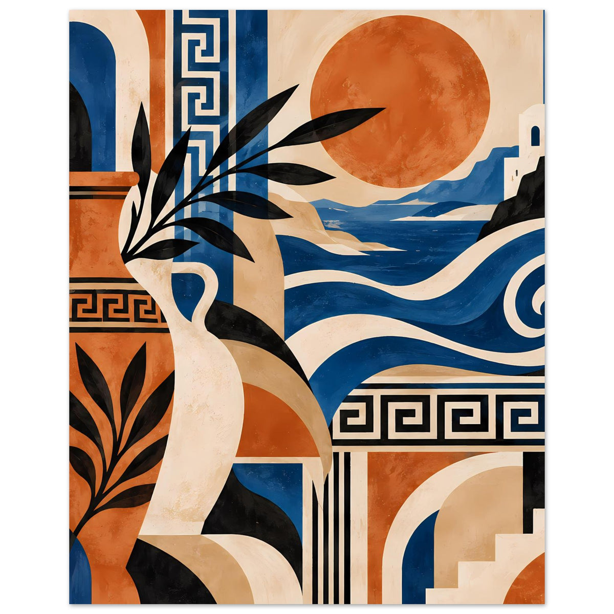 Kunstposter im Hochformat mit Frauenfigur, Sonne, Meerwellen und griechischen Säulenlinien