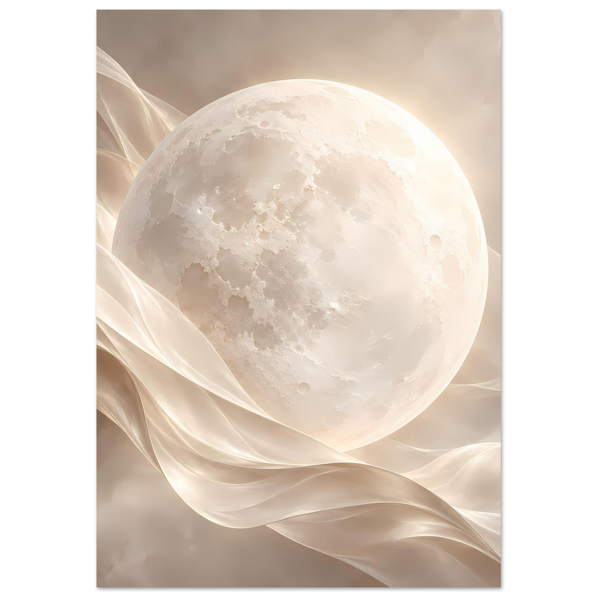 Poster im Hochformat mit leuchtendem Vollmond und transparenten, geschwungenen Stoffbahnen in Beige