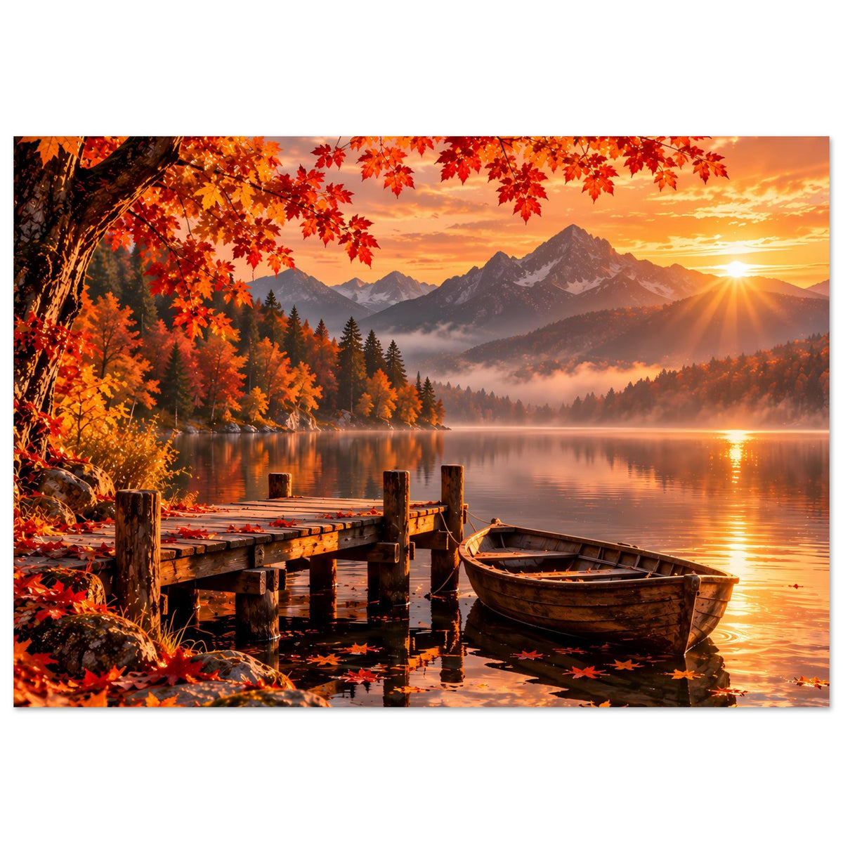 Herbstlandschaft-Poster mit Sonne am Horizont, See, Holzsteg und liegendem Boot