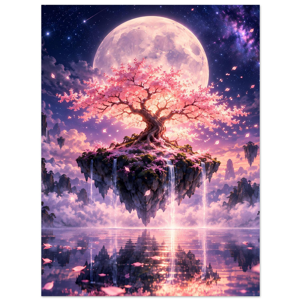 Poster (hochkant) mit Kirschblütenbaum auf schwebender Insel und Vollmond über Wolkenmeer