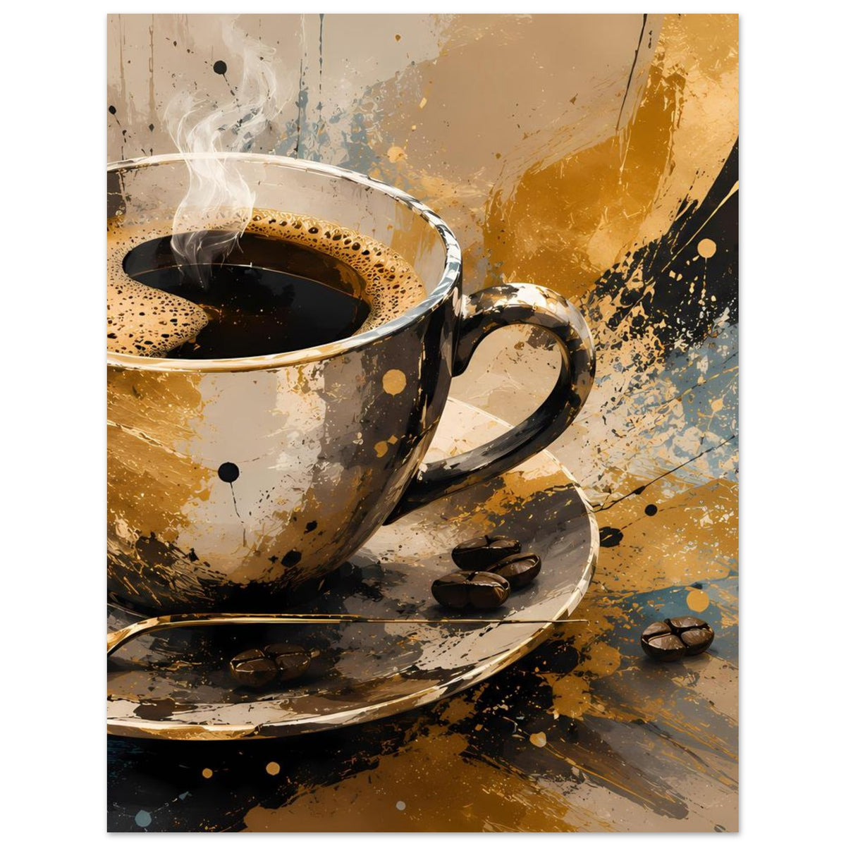 Kunstposter mit Kaffeetasse und Untertasse, Dampf; Kaffeebohnen und braunes Spritzdekor