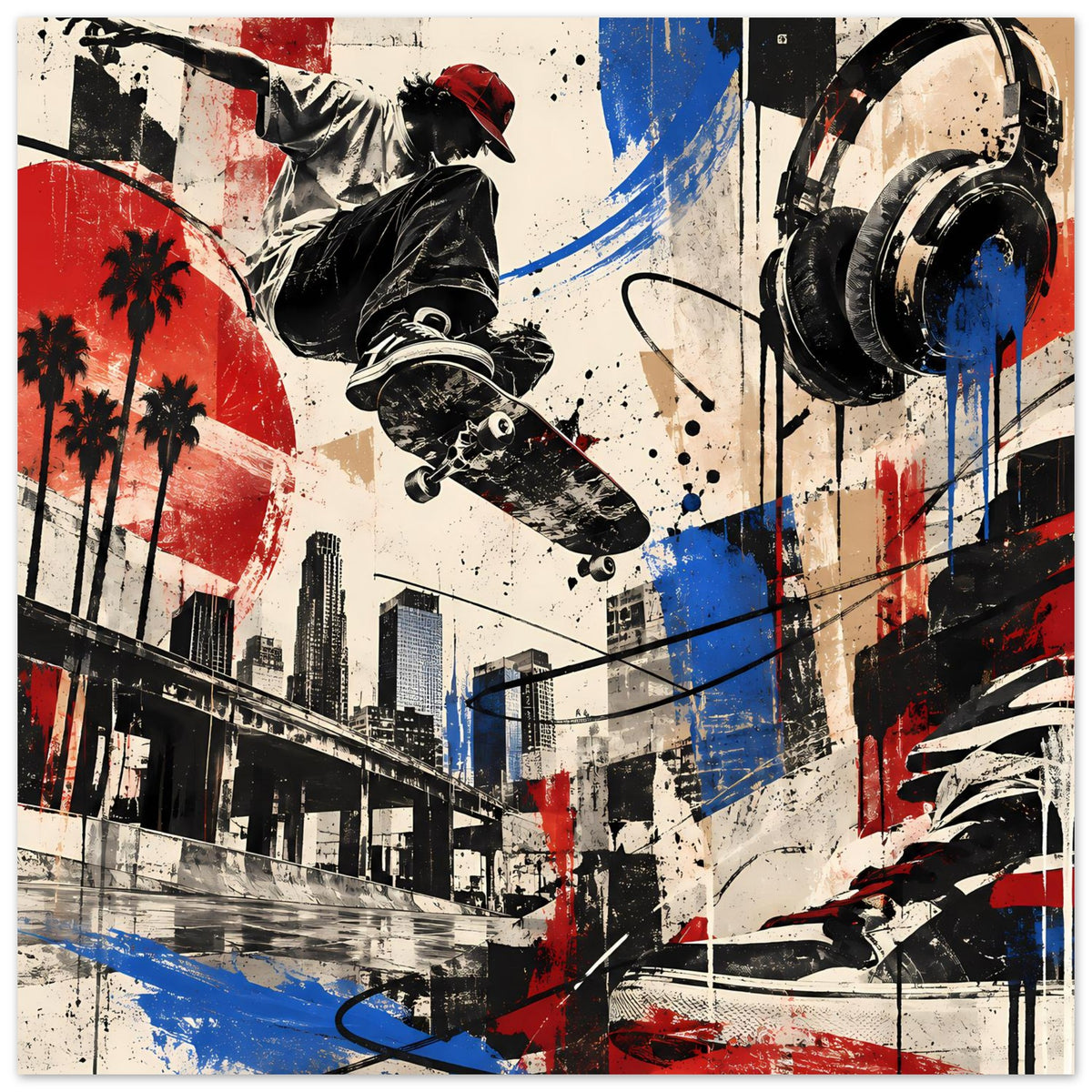 Urban-Skate-Poster im Hochformat mit Skateboarder, roten und blauen Sprayflächen