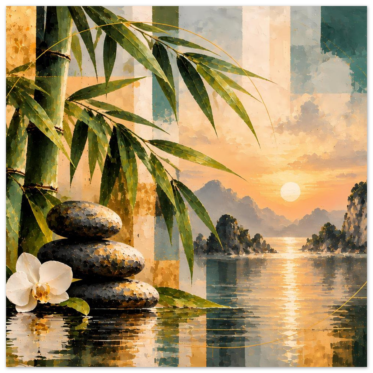 Deko-Poster im Quadratformat mit Bambus, Stapel dunkler Steine, weißer Orchidee am See
