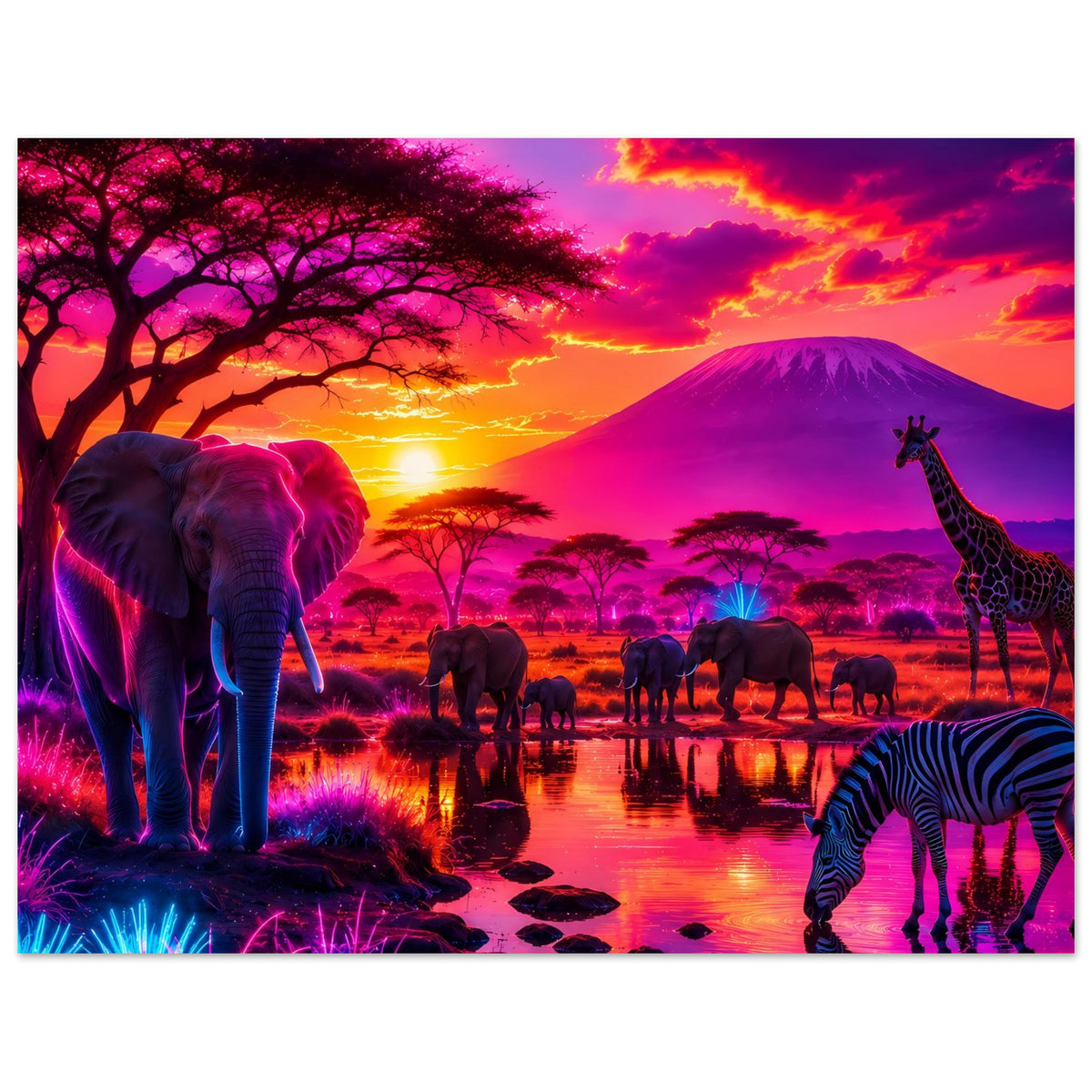 Neon-Safariposter, Querformat: Elefant links, Giraffe rechts, Zebras und Tiere bei Sonnenuntergang.