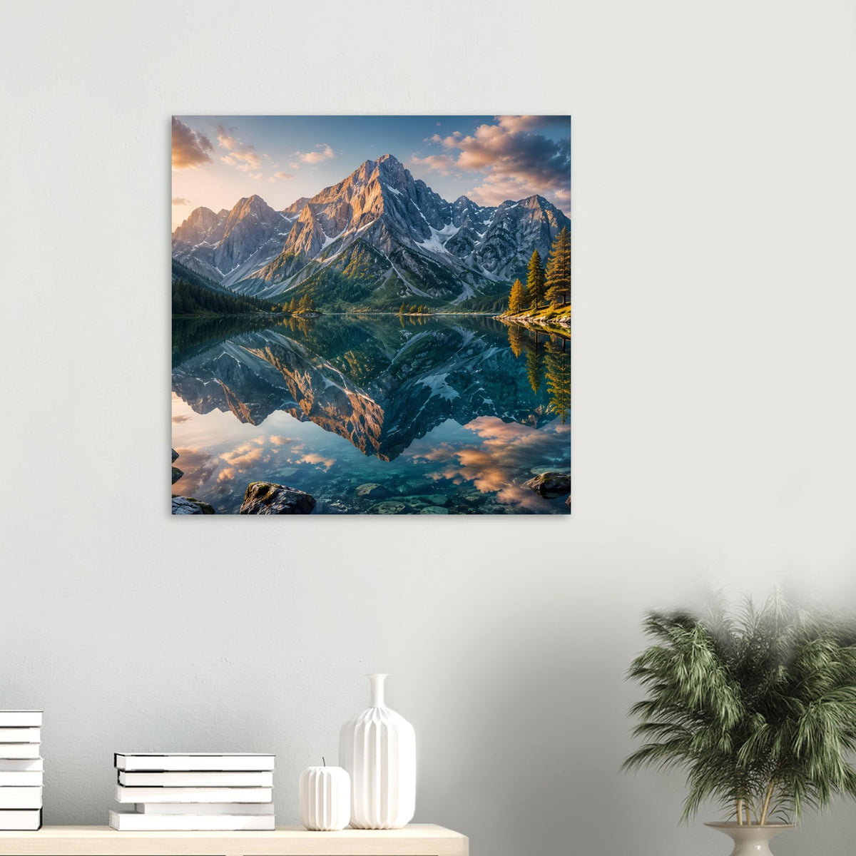 Landschaftsposter mit Bergmassiv und spiegelndem See bei Abendlicht, quadratisch