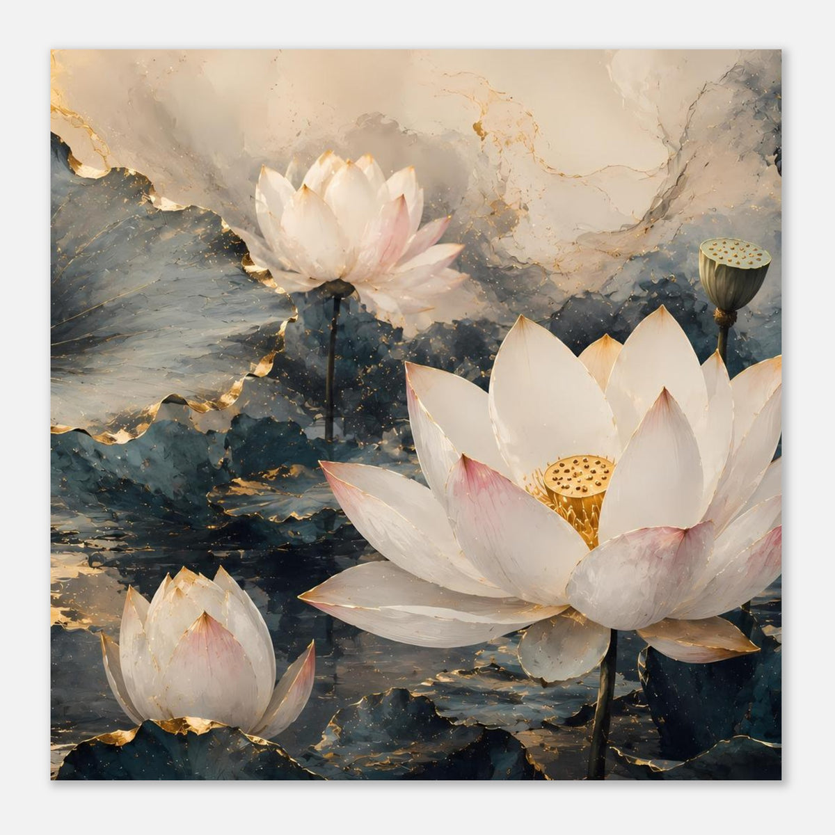 Lotusblumen-Poster mit Goldakzent, pastelligen Blüten und dunklem Wasser
